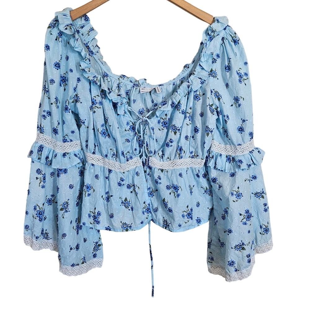 ASOS Bell Sleeve Lace Up Front Top Blue Floral Blouse Women's 10 Faerie Cottage